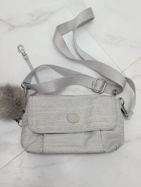 Light Gray Kipling Crossbody Bag with Pom Accent